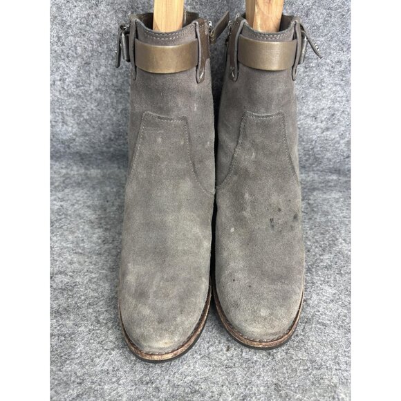 HS Trask Boots Womens Size 7.5 Gray Suede Stacked Heel Side Zip Buckle Ankle - Picture 2 of 8
